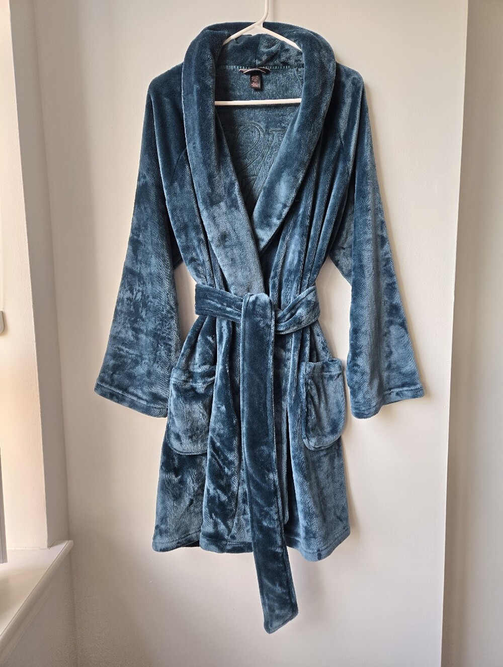 Victoria Secret Plush Short Velour Spa Robe Womens L Tie Belt Emerald Teal Green